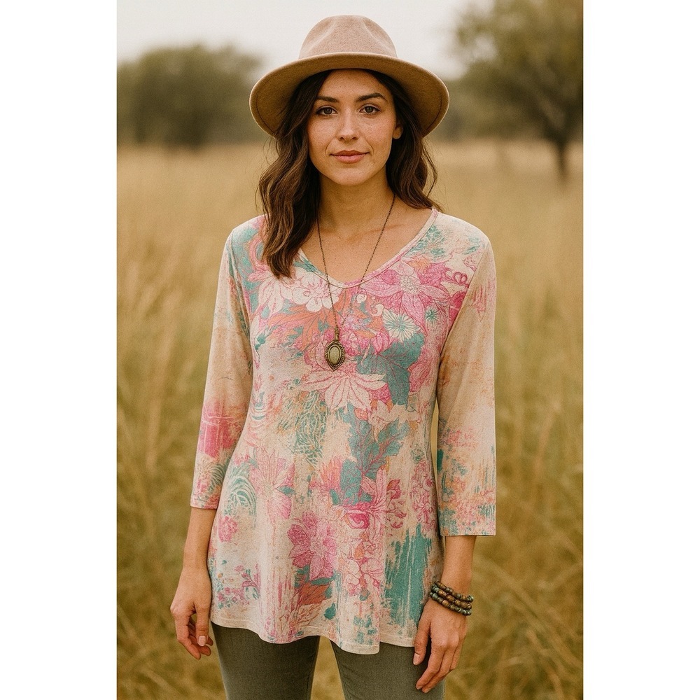 Narture Womens Beige Pink Green V-Neck 3/4 Sleeve Floral T-Shirt Size Small